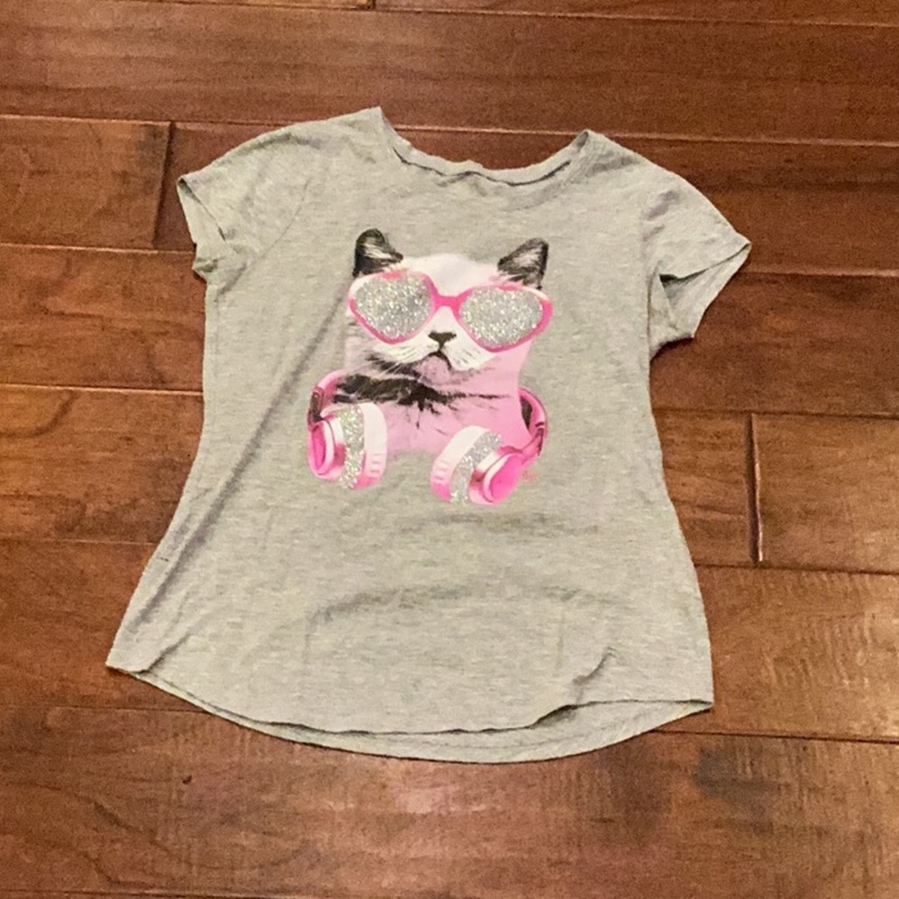Girls Gray Sparkly Cat Tshirt